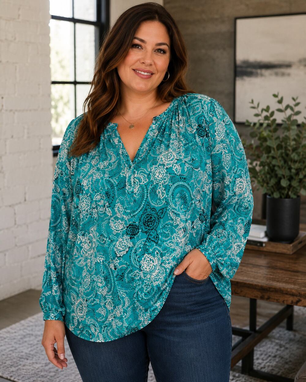 Vince Camuto Teal Paisley Long-Sleeve Blouse